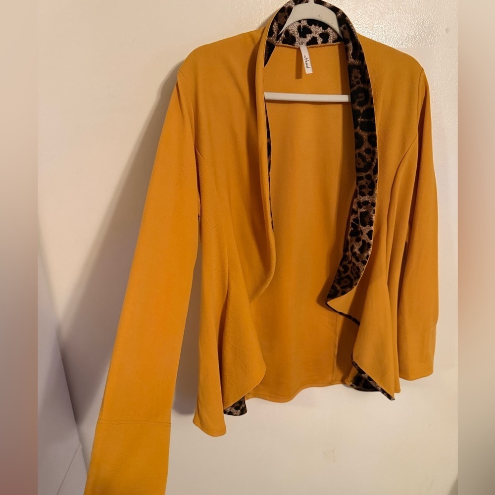 Hesed Mustard Yellow Brown Leopard Trim Open Front Cardigan Blazer Size S - Picture 3 of 6